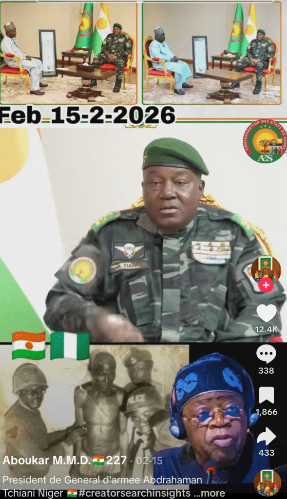 Men in military and traditional attire in a meeting. Date: Feb 15, 2026. Bottom shows a military officer and a man speaking. Flags of Niger and Nigeria.