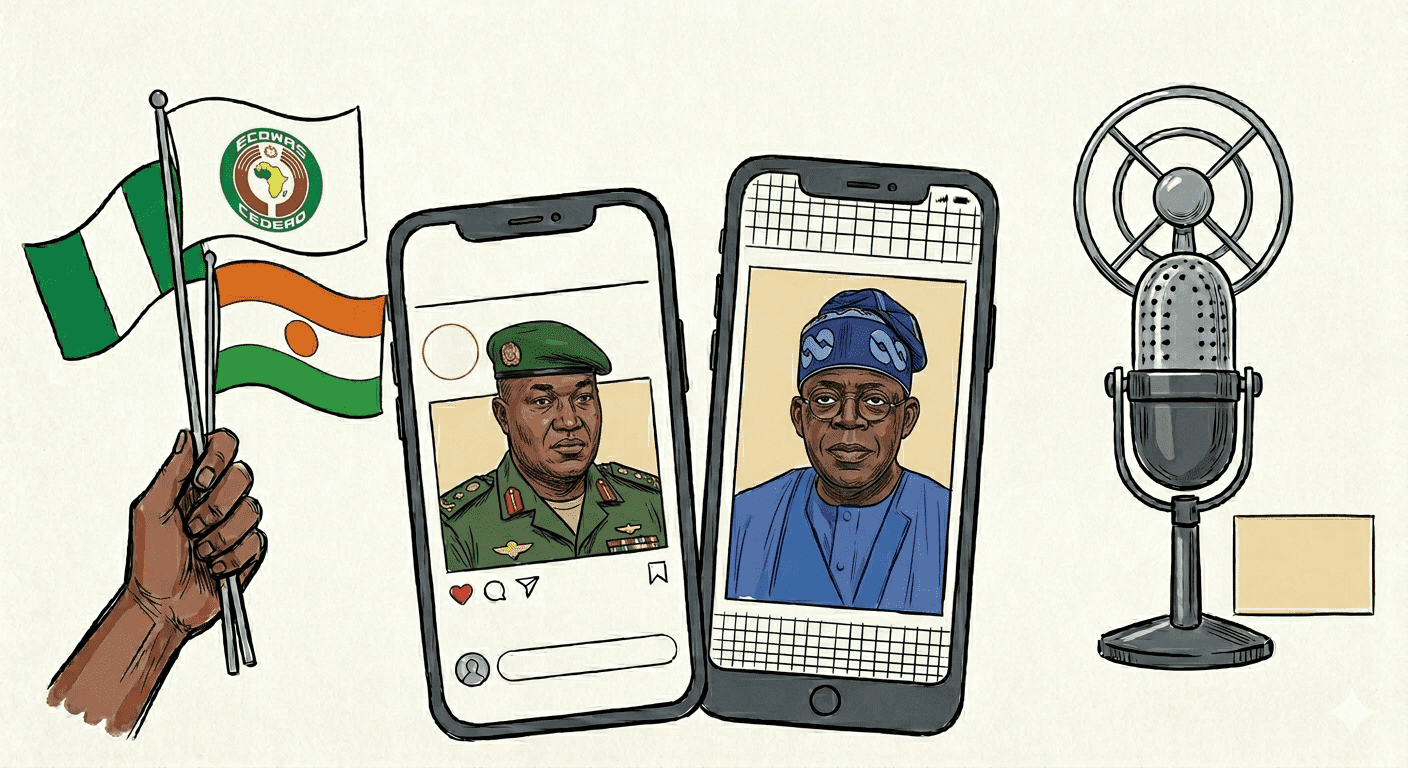 Illustration with ECOWAS, Nigerian, and Niger flags, two phones showing portraits, and a microphone symbolizing media or communication.