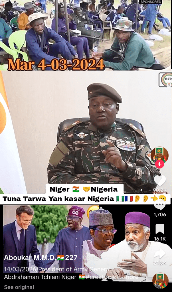 Event with military personnel, a speaker in uniform, and a collage of public figures with a discussion about Niger and Nigeria cooperation.