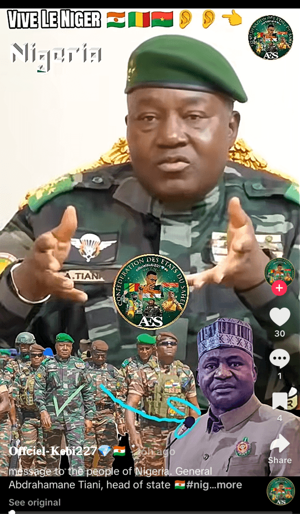 Military officer in uniform speaking, with flags and a group of soldiers in the background; text reads "Vive Le Niger" and "Nigeria".