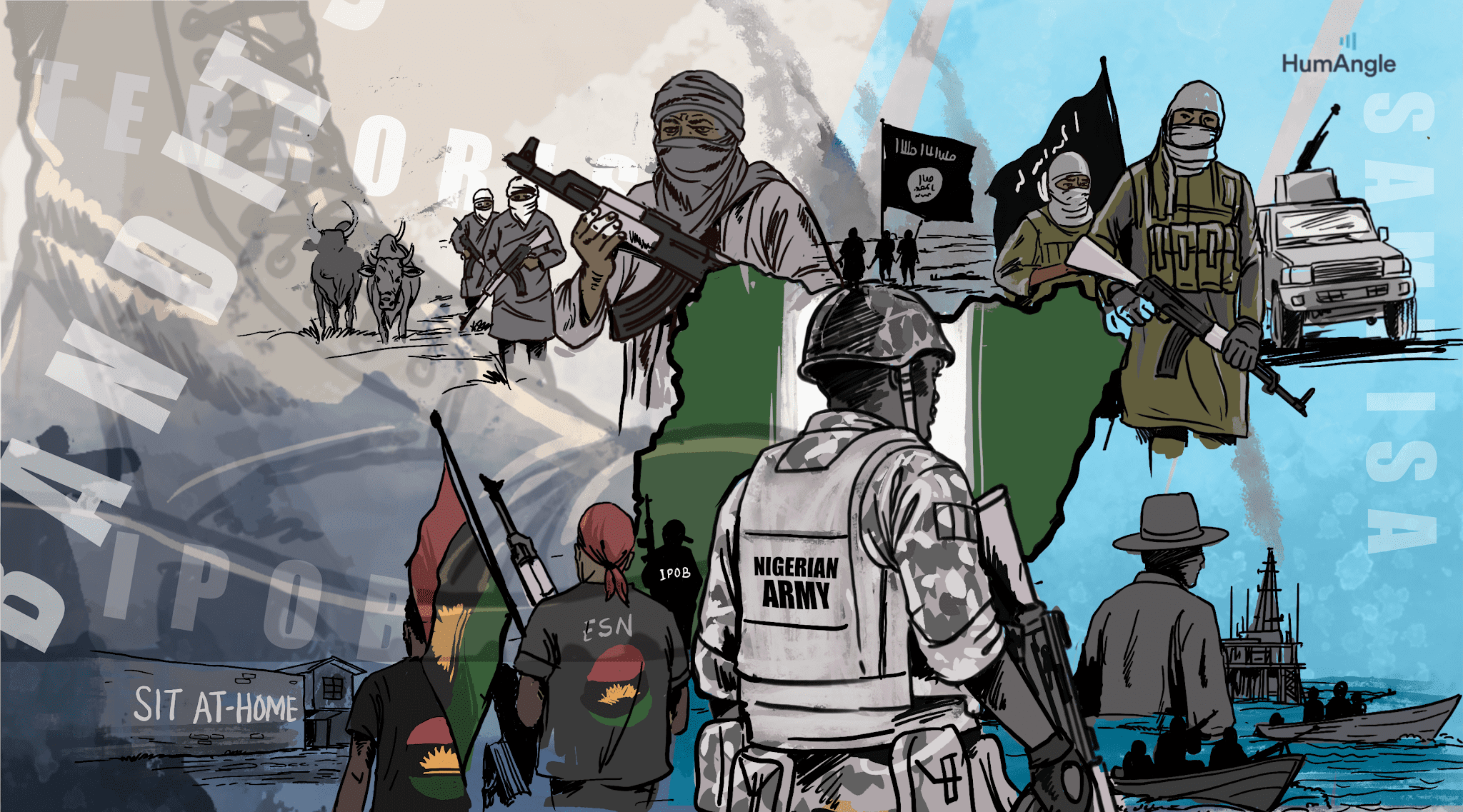 Illustration depicting conflict themes in Nigeria, with military, militants, and activists against a backdrop of the Nigerian flag map.