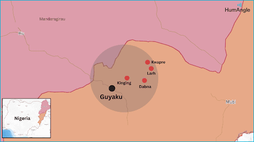 Map showing locations in northeastern Nigeria, including Guyaku, Kinging, Kwapre, Larh, and Dabna, with a zoomed-out view on the lower left.