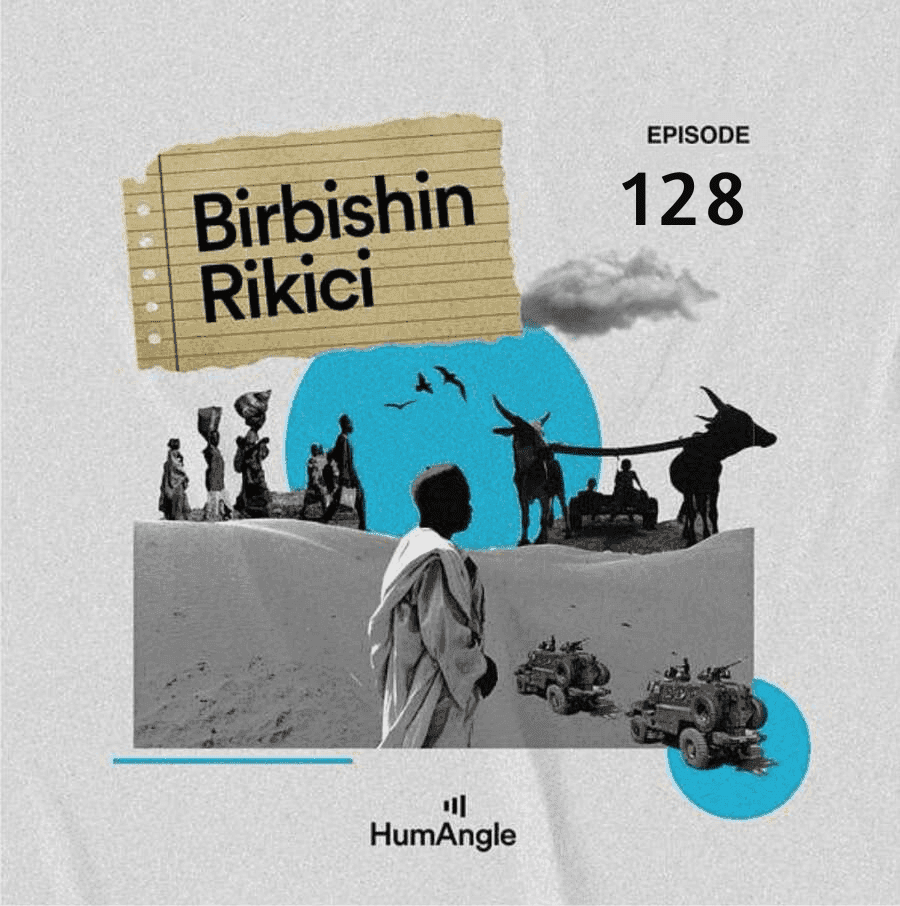 Collage of African rural life with text "Birbishin Rikici" and "Episode 128" by HumAngle, featuring people, animals, and vehicles.