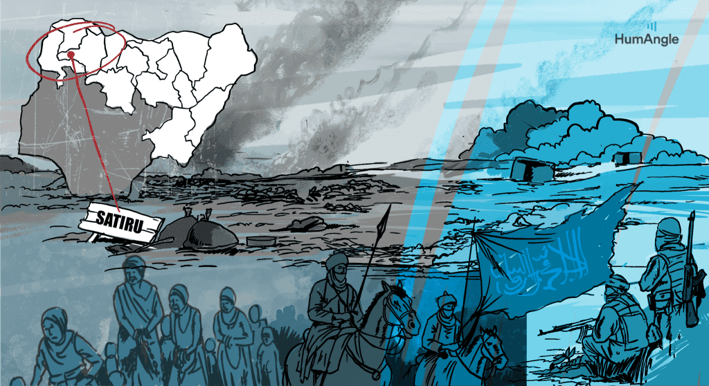 Map of Nigeria with Satiru marked. Illustrated scenes depict armed conflict, people on horseback, and villagers walking.