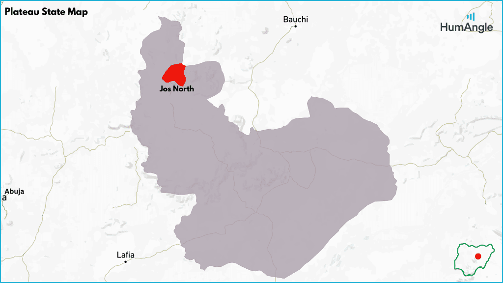 Map showing Plateau State with Jos North highlighted in red, neighboring states labeled, and a small map of Nigeria with Plateau marked in green.