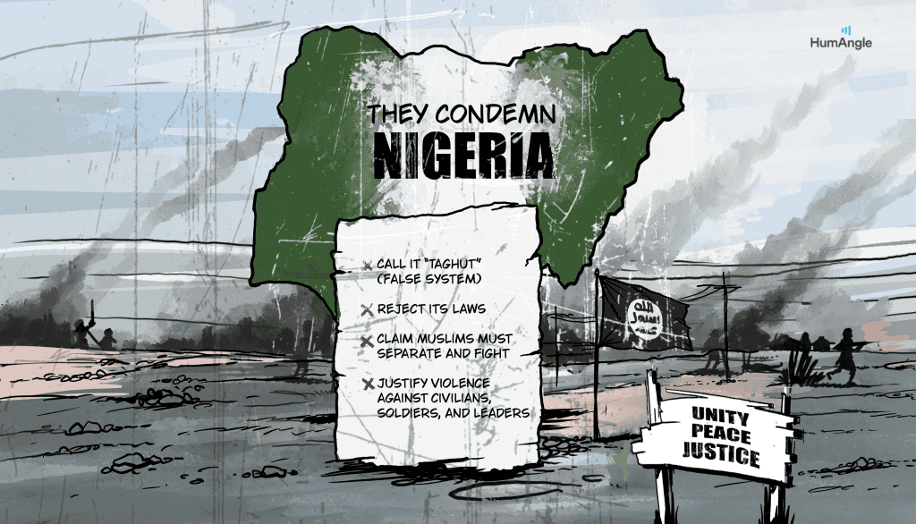 Map of Nigeria with text listing criticisms of the country. Militant figures, a flag, and a sign reading "Unity, Peace, Justice" in the background.