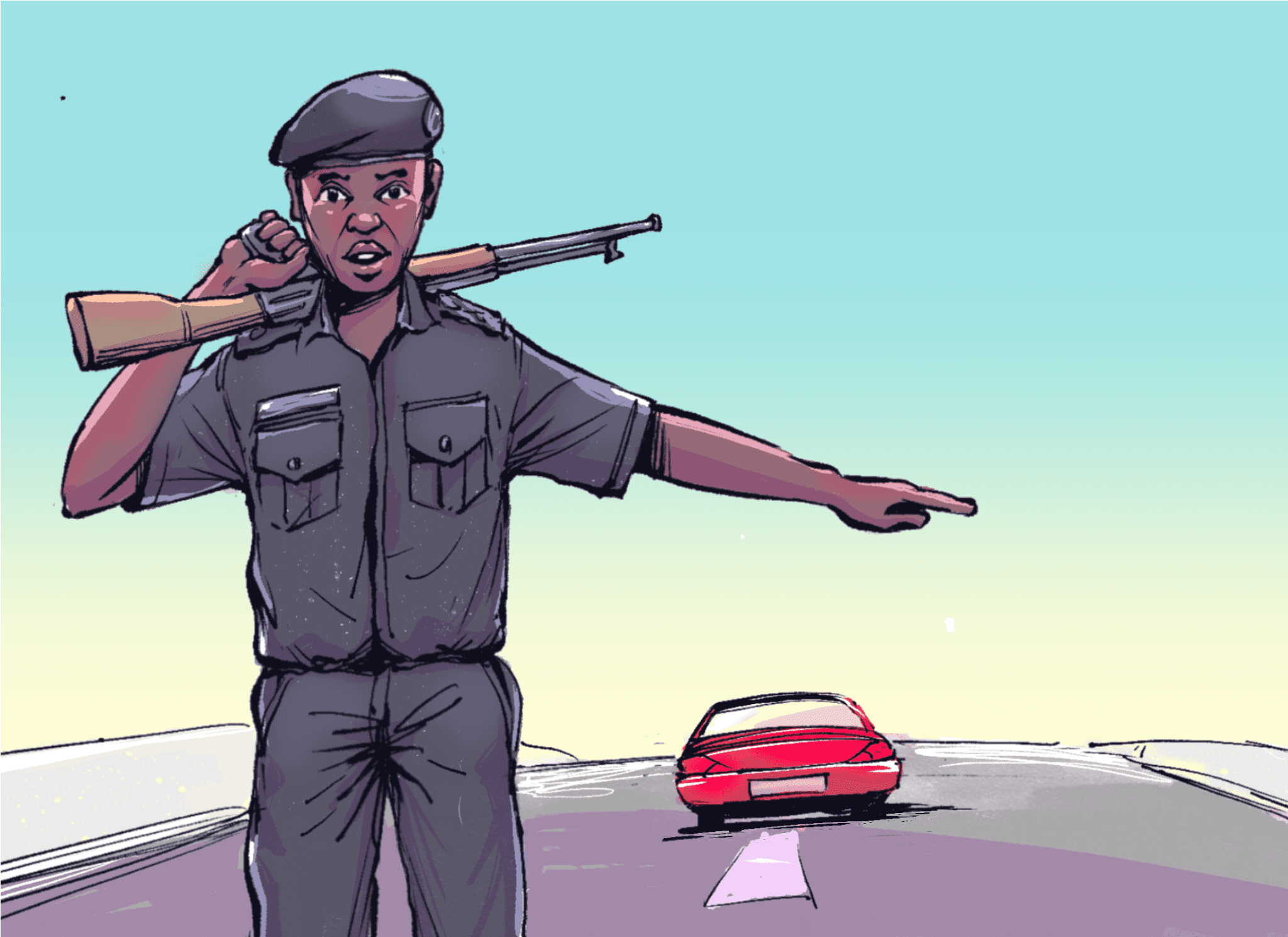 Illustration of a police officer with a rifle directing a red car on a road under a clear sky.