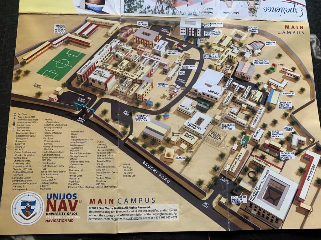 Map of University of Jos campus showing buildings like the library, labs, auditoriums, and faculty centers.