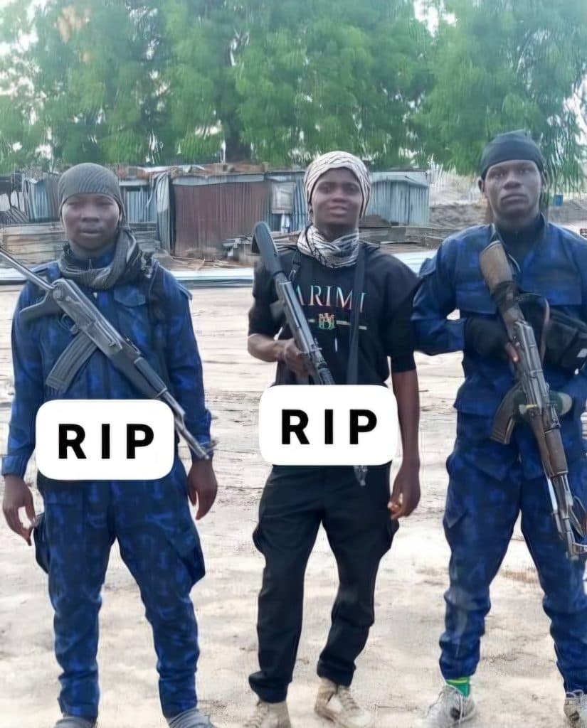 Three individuals in headscarves and uniforms holding weapons, with "RIP" labels over two of them, standing in an outdoor setting.
