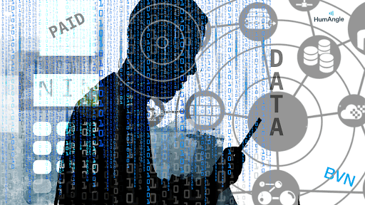 Silhouette of person with digital elements, binary code, and words like "DATA" and "PAID", symbolizing data security and technology.