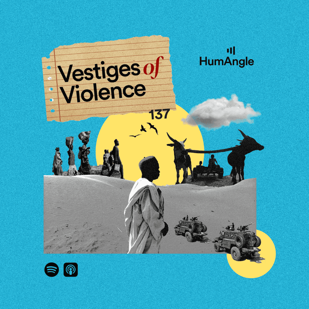 Collage of people, cows, and vehicles on a desert background with "Vestiges of Violence" text. Sun, cloud, and birds in the sky.