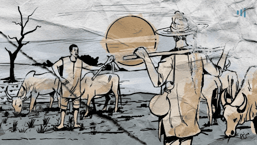 Drawing of two herders with cattle at sunset, one carrying a staff and gourd, set against a rural landscape with a tree and sun.
